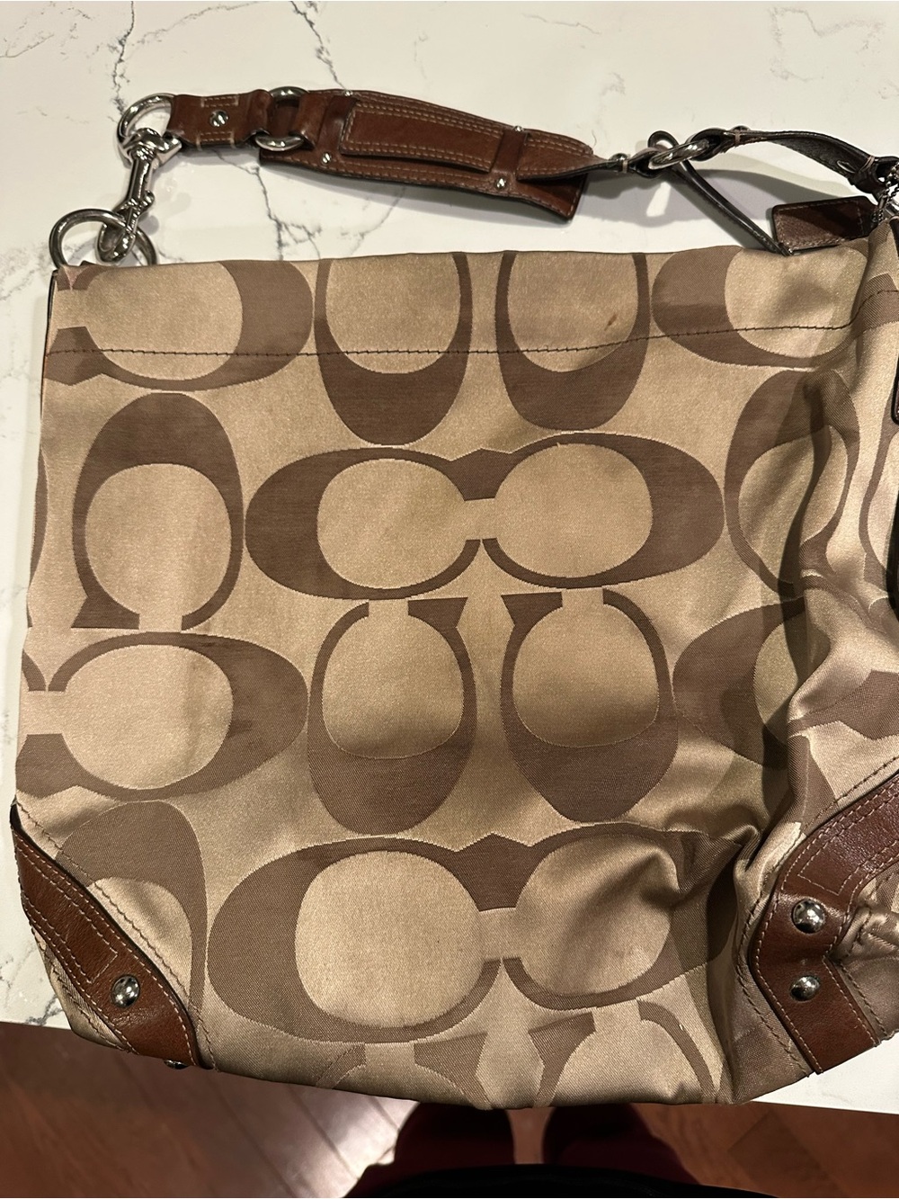 Coach Signature Canvas Shoulder Bag in Tan and Brown